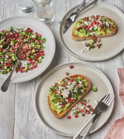 Pomegranate Salsa, Guac & Goats Cheese Sourdough Slices